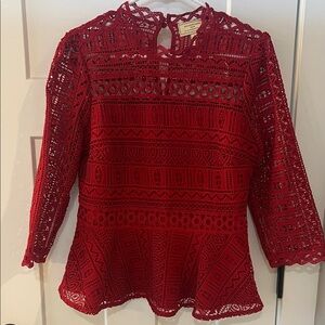 Anthropologie Moulinette Soeurs Red Lace Blouse US 10 Romantic Long Sleeve NWOT